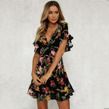 Deep V-Neck Black Flower Print Dresses