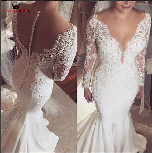 Mermaid Long Sleeve V-neck Chiffon Lace Wedding Dress